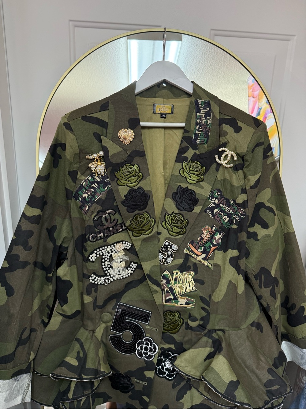 New Camo Embellished Peplum Blazer with Patches and Pins